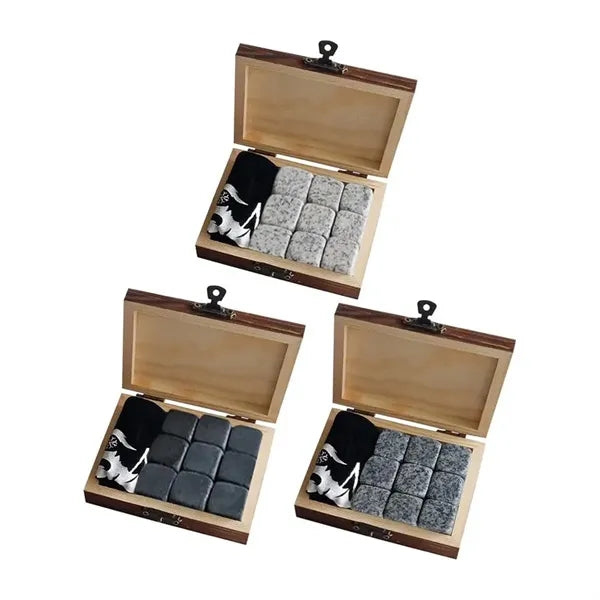 Premium 9-Piece Granite Whisky Stones Gift Set in Wooden Box