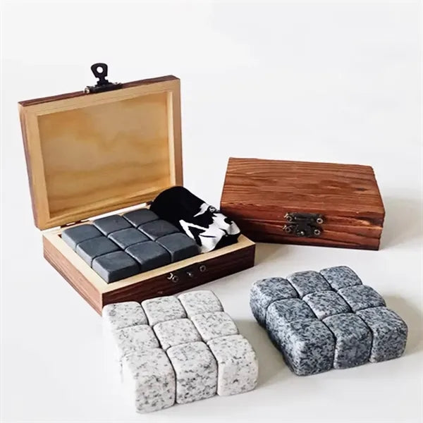 Premium 9-Piece Granite Whisky Stones Gift Set in Wooden Box