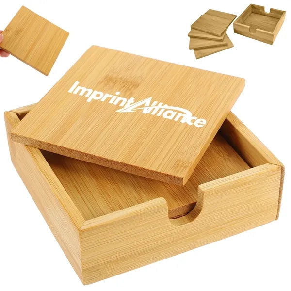 4-Piece Square Bamboo Coaster Set w/ Matching Storage Holder