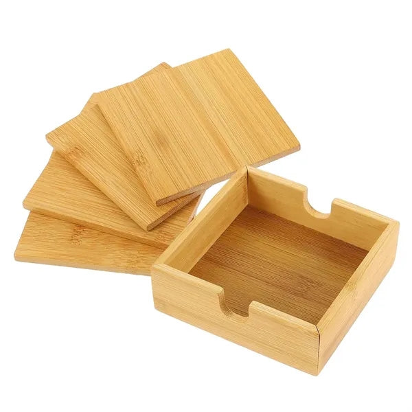 4-Piece Square Bamboo Coaster Set w/ Matching Storage Holder