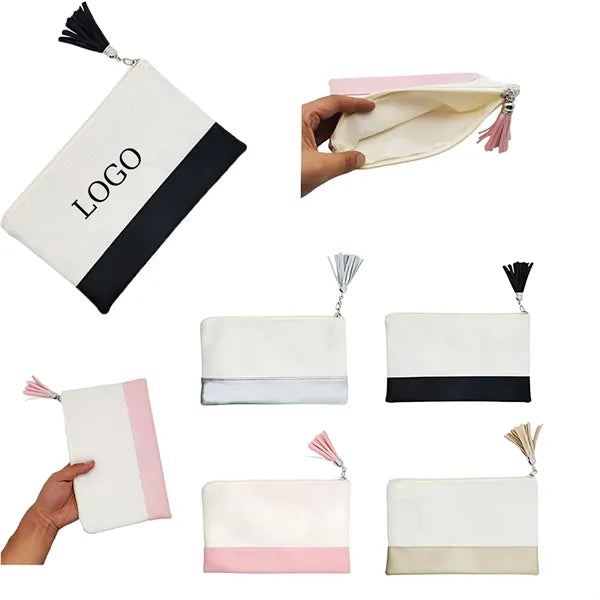 Linen Leather Makeup Pouch with Tassel