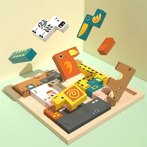 Educational 3D wooden animal puzzle building blocks for kids