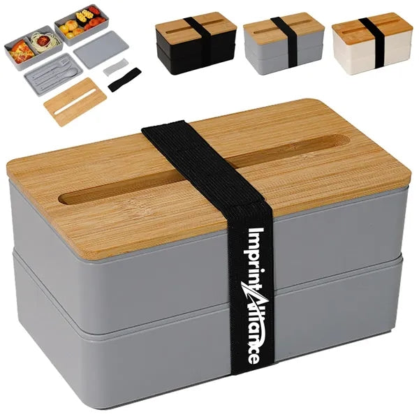 Double-Layer Bento Lunch Box w/ Lid Phone Stand& Utensil Set