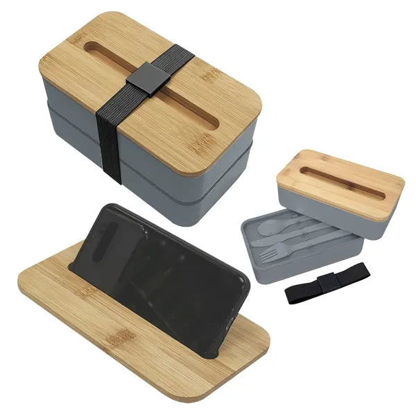Double-Layer Bento Lunch Box w/ Lid Phone Stand& Utensil Set