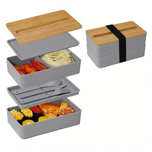 Double-Layer Bento Lunch Box w/ Lid Phone Stand& Utensil Set