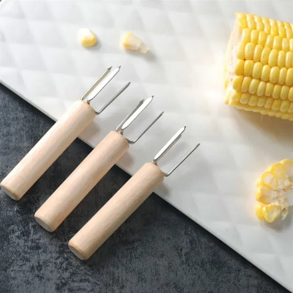 Wooden Handle Stainless Steel Corn Cob Holders & BBQ Forks