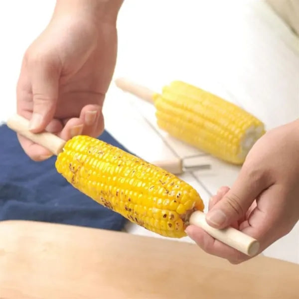 Wooden Handle Stainless Steel Corn Cob Holders & BBQ Forks