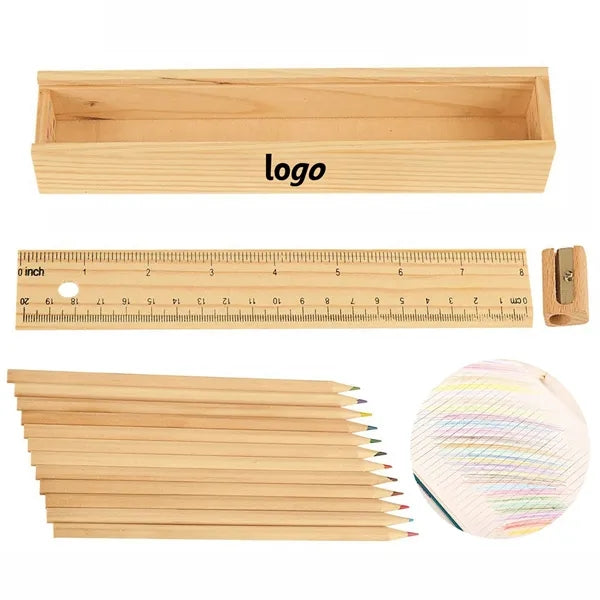 12 Pcs Colored Pencil Set In Wooden Ruler Box