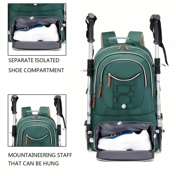 Large capacity hiking backpack with independent shoe cabinet
