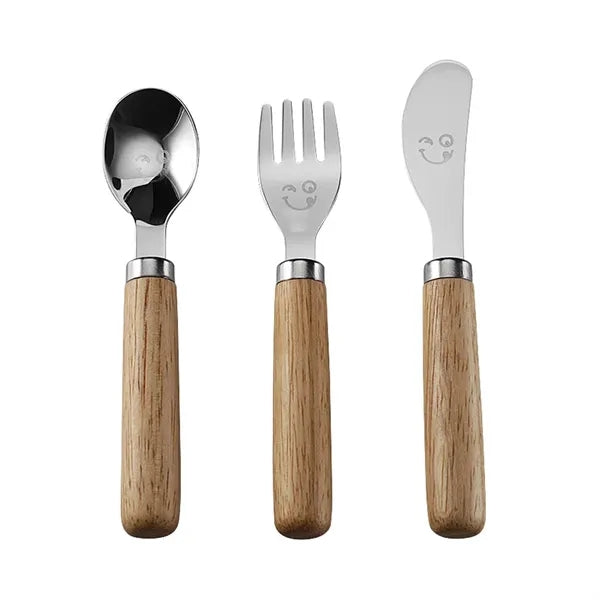 3-Piece Kids Stainless Steel Cutlery Set w/ Wooden Handles