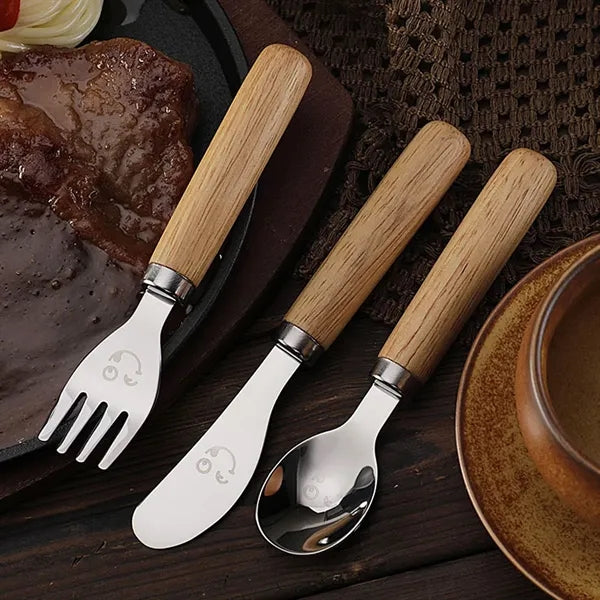3-Piece Kids Stainless Steel Cutlery Set w/ Wooden Handles
