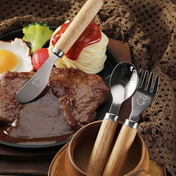 3-Piece Kids Stainless Steel Cutlery Set w/ Wooden Handles