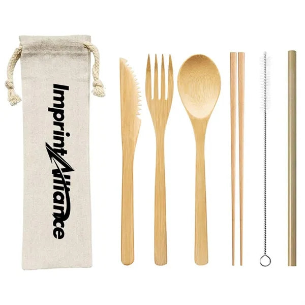 7-Piece Eco-Friendly Bamboo Travel Utensil Set w/ Pouch