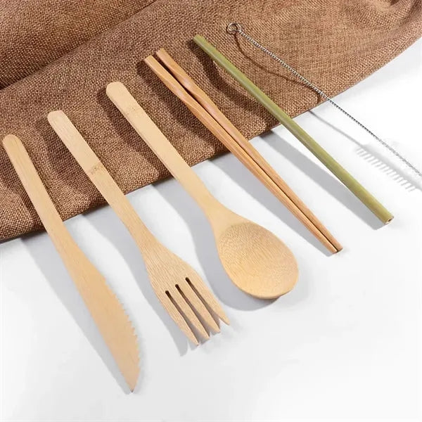 7-Piece Eco-Friendly Bamboo Travel Utensil Set w/ Pouch