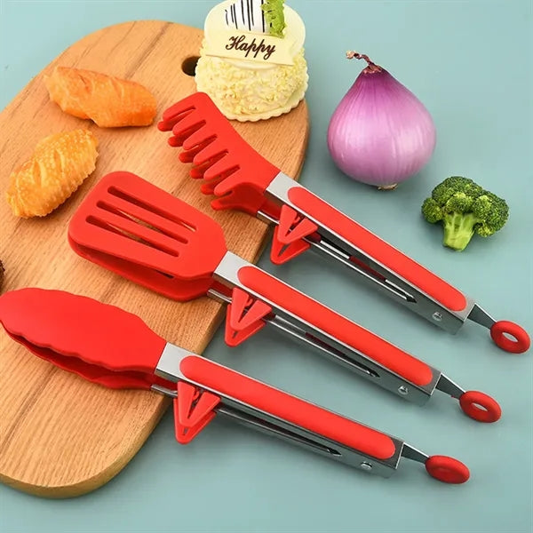 Silicone Spatula Tongs w/ Built-in Stand & Locking Mechanism