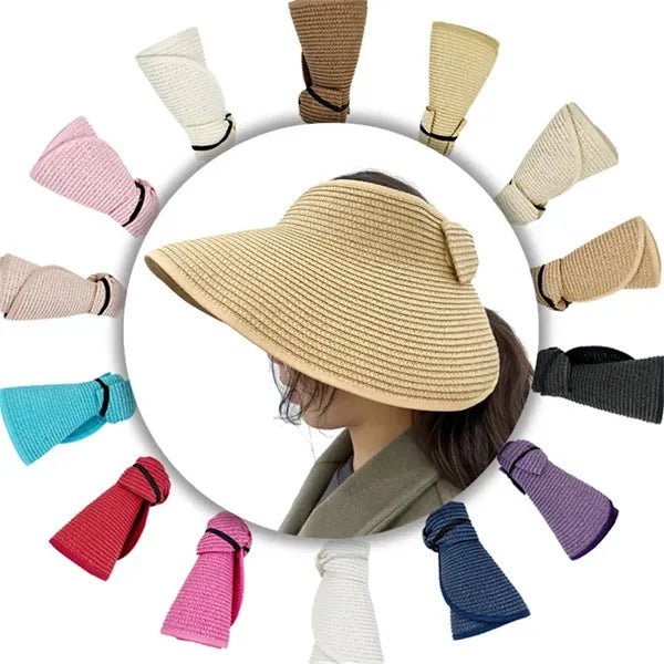 Foldable Straw Visor Hat, Wide Brim Sun Hat with Bow
