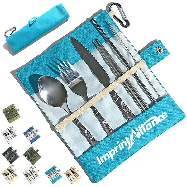 Stainless Steel Cutlery Set in Canvas Pouch w/ Carabiner