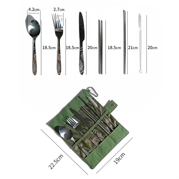 Stainless Steel Cutlery Set in Canvas Pouch w/ Carabiner