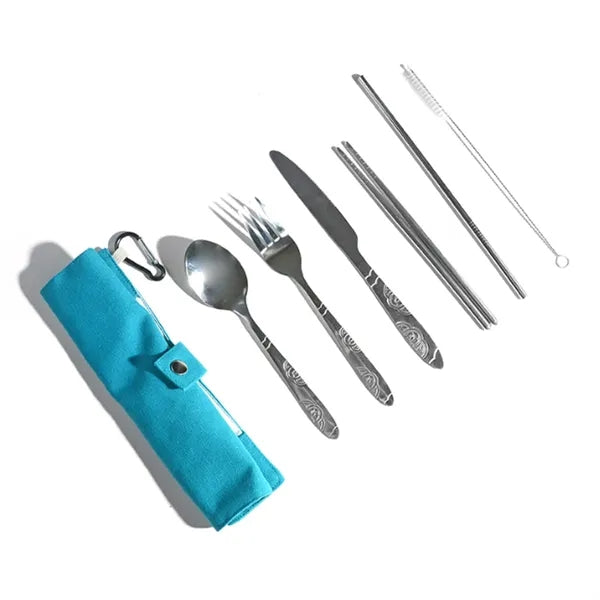 Stainless Steel Cutlery Set in Canvas Pouch w/ Carabiner