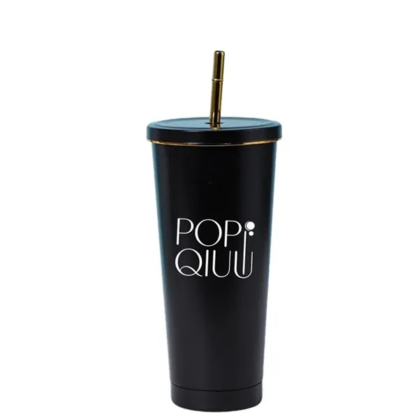 Stainless Steel Tumbler with Gold Rim and Straw - 26 oz