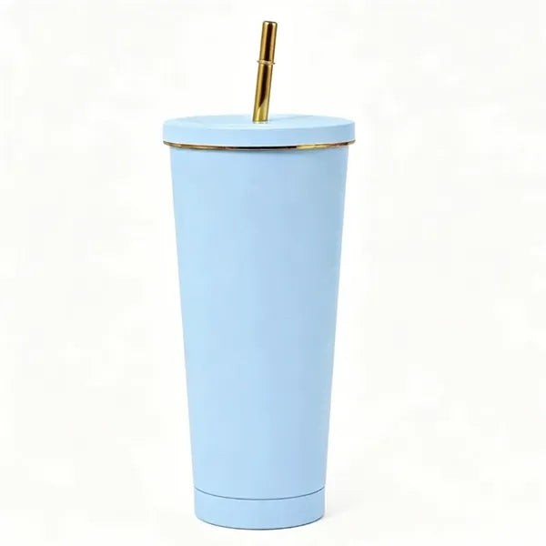 Stainless Steel Tumbler with Gold Rim and Straw - 26 oz