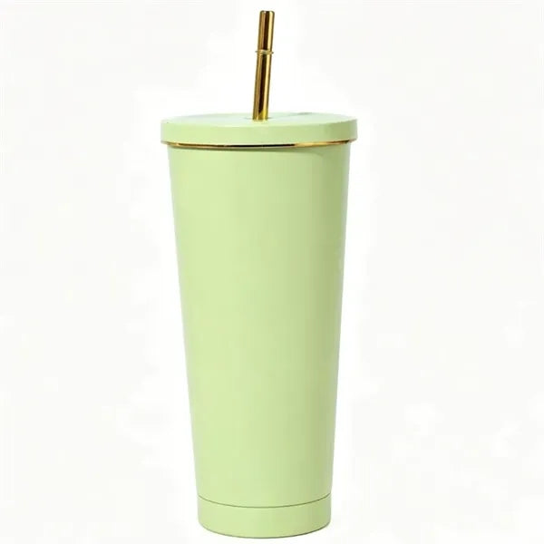 Stainless Steel Tumbler with Gold Rim and Straw - 26 oz