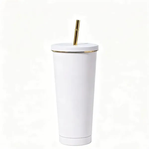 Stainless Steel Tumbler with Gold Rim and Straw - 26 oz