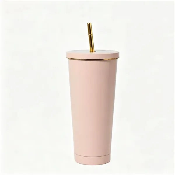 Stainless Steel Tumbler with Gold Rim and Straw - 26 oz