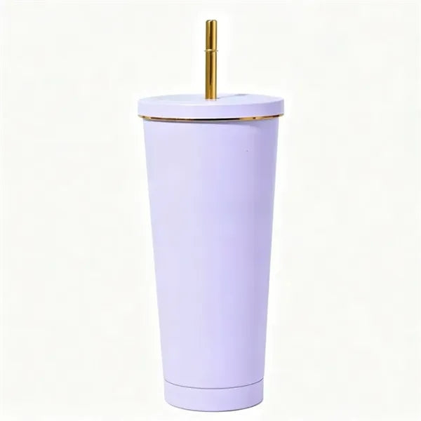 Stainless Steel Tumbler with Gold Rim and Straw - 26 oz