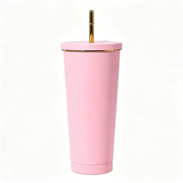 Stainless Steel Tumbler with Gold Rim and Straw - 26 oz