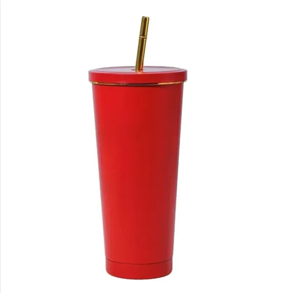 Stainless Steel Tumbler with Gold Rim and Straw - 26 oz