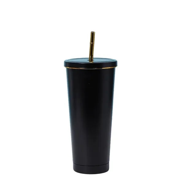 Stainless Steel Tumbler with Gold Rim and Straw - 26 oz