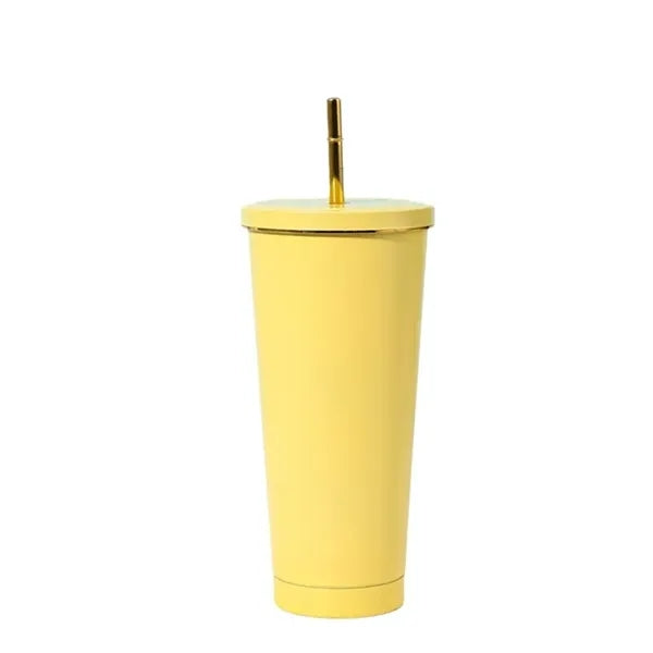 Stainless Steel Tumbler with Gold Rim and Straw - 26 oz