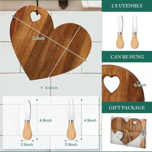 Heart-Shaped Bamboo Cheese Board & Knife Gift Set