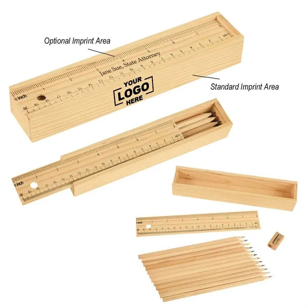Colored Pencil Set In Wooden Ruler Box