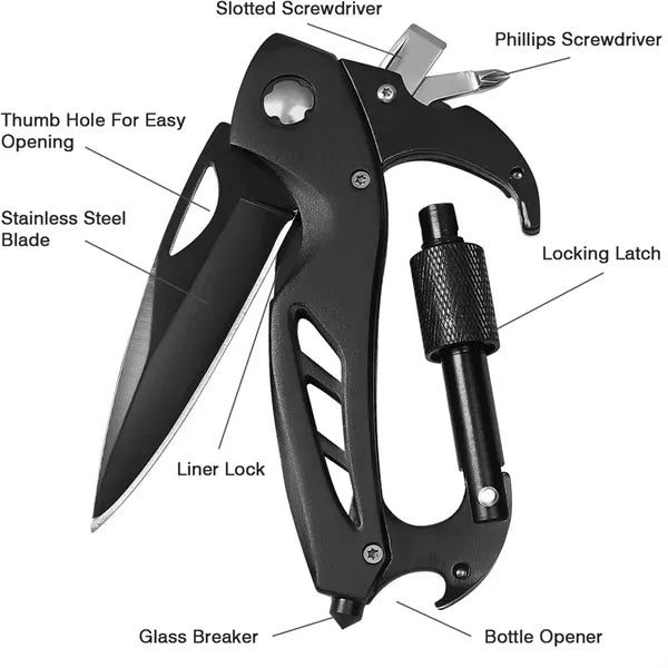 Multitool Carabiner with Folding Knife EDC Keychain Clip