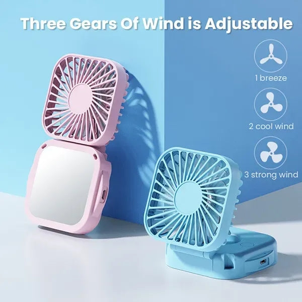Mini Foldable Neck Hanging Handheld Fan with Makeup Mirror