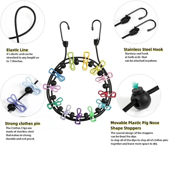 72in Retractable Portable Clothesline with 12 Clips Bag