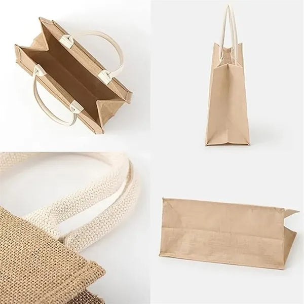 Natural Jute Burlap A4 Tote Bag W/ White Cotton Rope Handles
