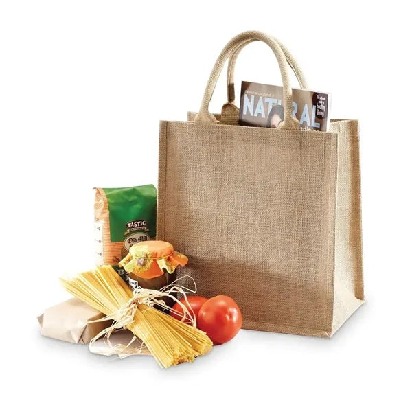 Natural Jute Burlap A4 Tote Bag W/ White Cotton Rope Handles