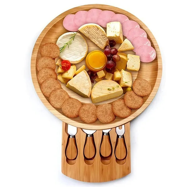 Round Bamboo Cheese Board With Knife Set
