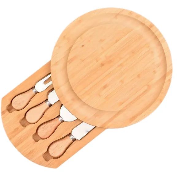Round Bamboo Cheese Board With Knife Set