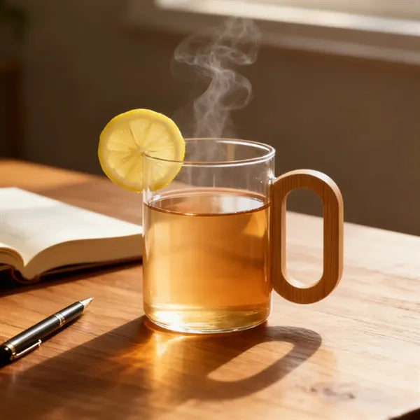 15 oz. Clear Glass Mug with Bamboo Handle and Logo