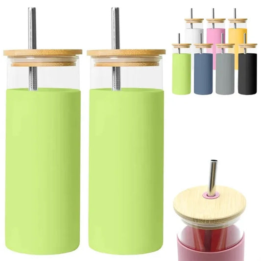 14 oz. Glass Tumbler w/ Bamboo Lid, Straw & Silicone Sleeve