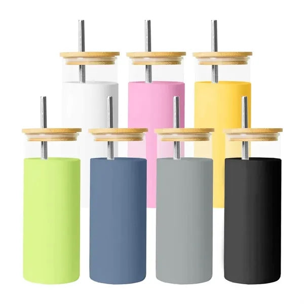 14 oz. Glass Tumbler w/ Bamboo Lid, Straw & Silicone Sleeve