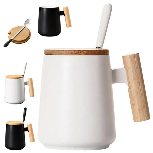 14 oz. Ceramic Mug with Wooden Handle, Lid and Spoon