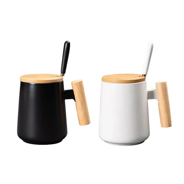 14 oz. Ceramic Mug with Wooden Handle, Lid and Spoon