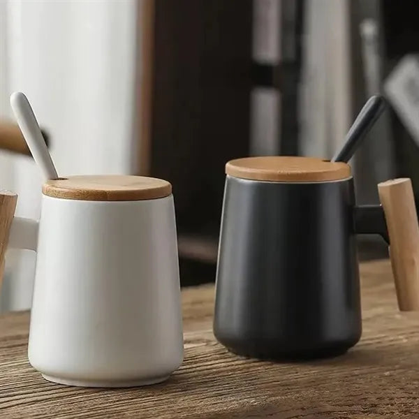14 oz. Ceramic Mug with Wooden Handle, Lid and Spoon