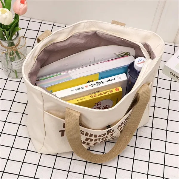 Canvas Tote Bag with Large Pocket and Zipper