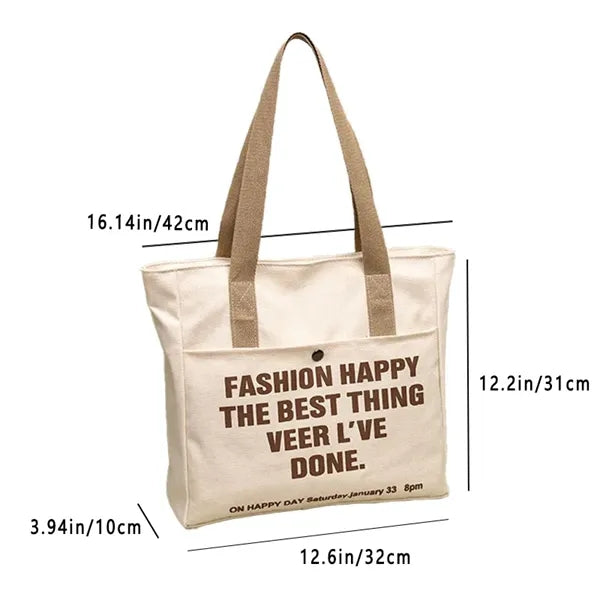 Canvas Tote Bag with Large Pocket and Zipper